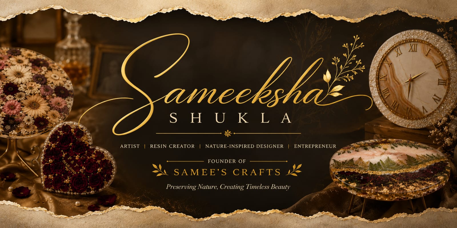 Samee's Crafts brand banner — resin art clock, pressed flower tray and heart keepsake by Sameeksha Shukla, Bangalore
